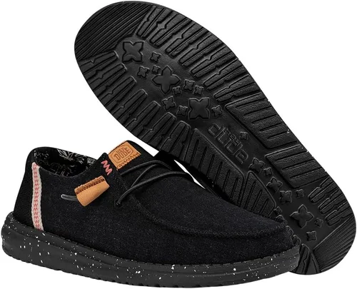 Vista 4 de Hey Dude Wendy de lona lavada para mujer Zapatos de mujer Mocasines con cordones para mujer Cómodos y ligeros Negro