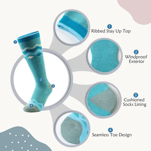 Vista 4 de OutdoorMaster Calcetines de esquí para niños, paquete de 2 pares de calcetines de snowboard para niños y niñas, diseño sobre la pantorrilla con puño
