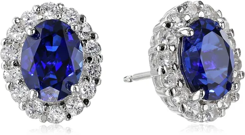Vista 8 de Amazon Essentials Aretes ovalados de plata de ley con halo de zafiro blanco, (anteriormente colección Amazon)