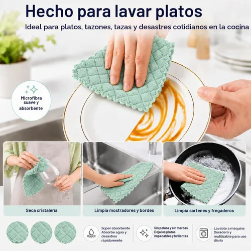 Vista 4 de kimteny Paños de microfibra para lavar platos, paquete de 5, verde-gris