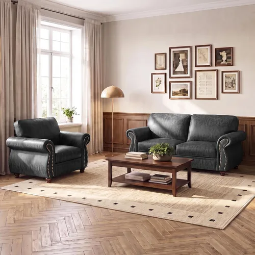 Vista 12 de Juego de sofá con remaches de 88 pulgadas, sofá biplaza moderno con brazo ancho, marco de madera maciza para sala de estar, sofá moderno para Marrón