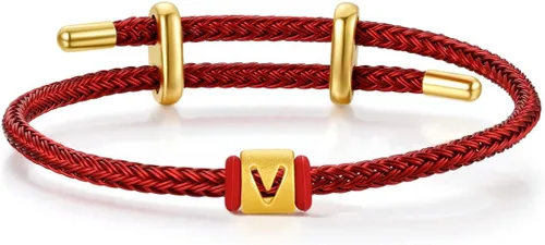 Vista 24 de ZHOU LIU FU Pulsera de Oro de 24K con Dijes de Iniciales, Pulseras Ajustables de Cadena Roja con Dijes de Letras y Corazón A-Z, Brazalete Apilable