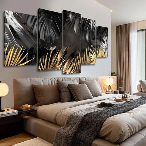 Vista 3 de Pintura de hojas negras y doradas, decoración de pared para sala de estar, arte de naturaleza en lienzo, obra de arte moderna, impresiones
