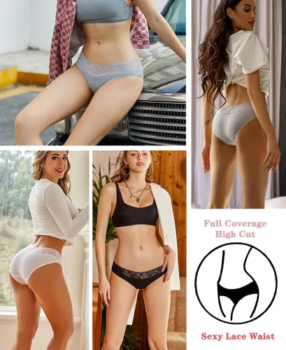 Vista 2 de Knowyou Ropa interior de algodón para mujer, bikini de cintura de encaje, transpirable, hipster, paquete de 7