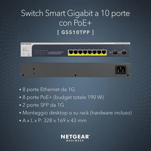 Vista 2 de NETGEAR Switch Pro PoE administrado inteligente Gigabit Ethernet de 10 puertos (GS510TPP) - con 8 x PoE+ @ 190W, 2 x 1G SFP, montaje