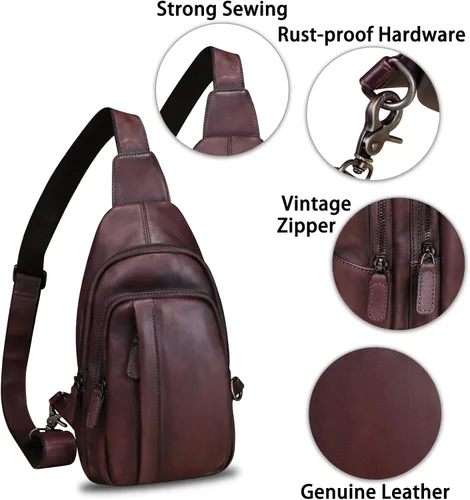 Vista 6 de IVTG Bolso bandolera de cuero genuino para hombres y mujeres, bolso cruzado vintage de cuero real para viajes, senderismo, Café, Bolso bandolera