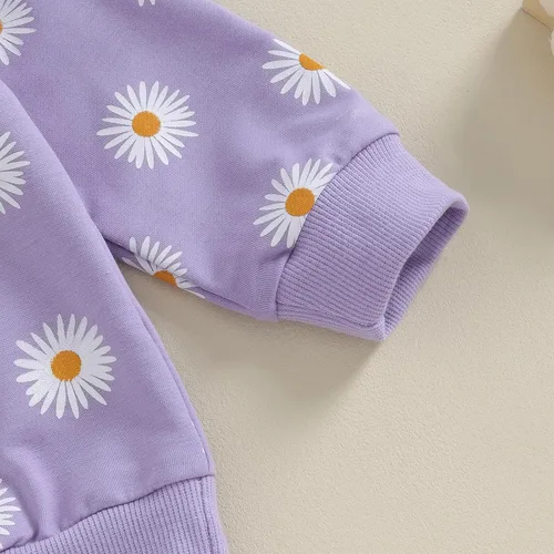 Vista 3 de Conjunto de 3 piezas de sudadera de margaritas + pantalones + diadema, ropa infantil de otoño e invierno
