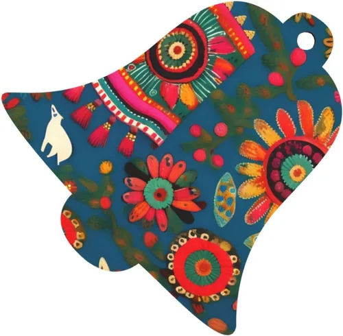 Vista 2 de 6 adornos de madera de Navidad para niños y adultos, decoración colgante de árboles de Navidad, 4 estilos, arte popular mexicano, estampado bohemio