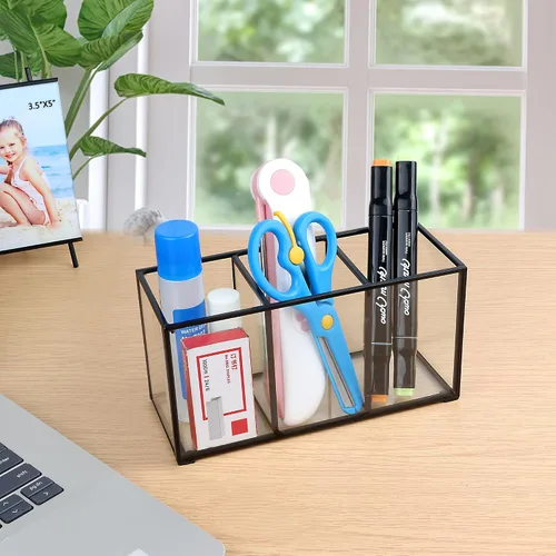 Vista 4 de ELEGANTLIFE Organizador de brochas de maquillaje de vidrio transparente, lujoso soporte de almacenamiento de cepillos de cosméticos de vidrio Negro