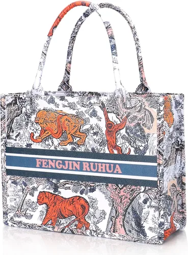 Vista 2 de FENGJINRUHUA Bolso de mano pintado de lujo grande de moda para mujer, bolsos de hombro de cuero, bordado de capacidad, bolso retro exquisito
