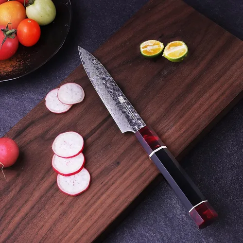 Vista 6 de Cuchillo de cocina multiusos de 5 pulgadas con funda de ABS, cuchillo mondador japonés multiusos, hoja de acero de Damasco, mango octogonal