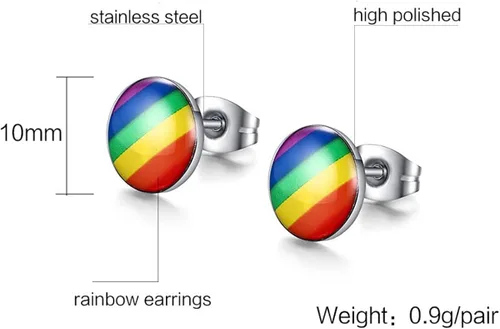 Vista 2 de Pendientes de tuerca de acero inoxidable 316L con orgullo gay lesbiano arco iris, triángulo redondo LGBT, aretes de tuerca de arco iris a la moda
