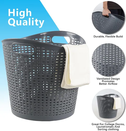 Vista 3 de Paquete de 6 cestas de plástico para ropa sucia de 30 L, cesta de almacenamiento de plástico grande, color gris Large Ventilated Plastic Storage