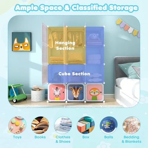 Vista 4 de Costzon Armario para Niños, Organizador de Almacenamiento Modular de Tocador de Dibujos Animados DIY con 12 Cubos y 2 Percheros para Colgar Ropa
