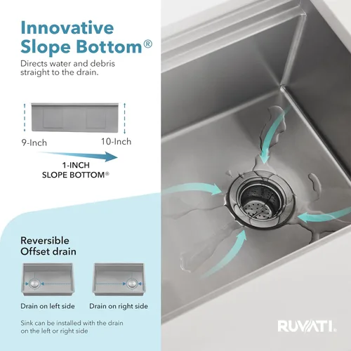 Vista 6 de Ruvati - RVH8570 - Fregadero de cocina calibre 16 de 27 in con estación de trabajo, drenaje desplazado y superficie inferior inclinada