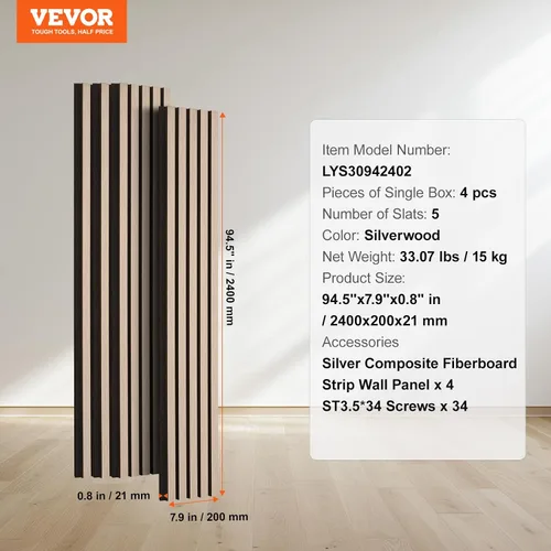 Vista 7 de VEVOR Panel Acústico de Listones de Madera, 7.9 x 94.5 pulgadas, Pared de Acento MDF de 4 Piezas, Tablero de Madera Falsa para Decoración