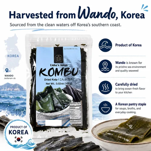 Vista 6 de Unha's Korean Wild Kombu - Kelp seco, 3.52 onzas, producto de Corea Hand-Harvested, Natural, No Added Salt, No MSG, Dashi Broth, Miso Soup, Ramen