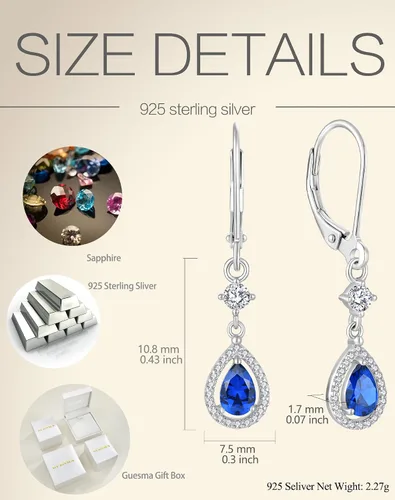 Vista 6 de Aretes colgantes de cristal para mujer, aretes Guesma de 0.236 x 0.157 pulgadas, diseño de lágrima, piedra natal creada, plata esterlina 925, aretes