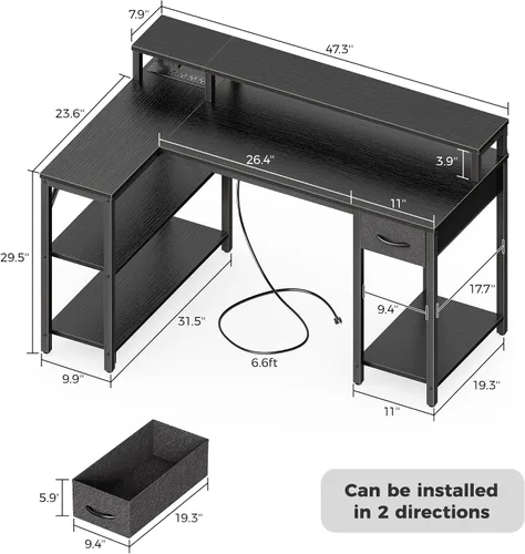 Vista 3 de SUPERJARE Escritorio para juegos en forma de L de 47 pulgadas con luces LED y tomas de corriente, escritorio reversible para computadora con Negro