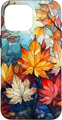 Vista 18 de iPhone 15 Otoño hojas de arce vitrales estilo abstracto caso
