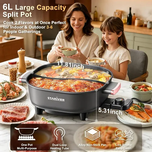 Vista 2 de Stariver Olla eléctrica de 6L con divisor, 1300 W, olla de doble sabor para dos caldos, control de 5 temperaturas y revestimiento antiadherente