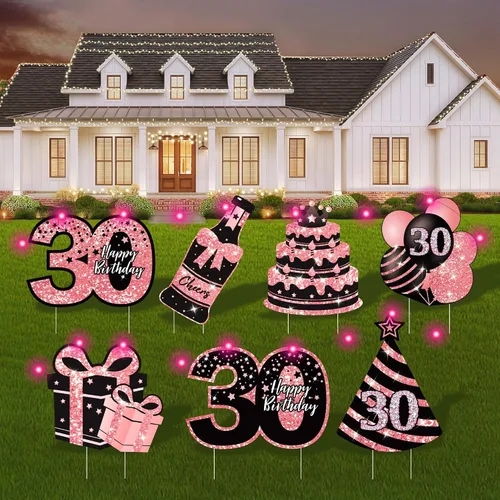 Vista 19 de Decoraciones de cumpleaños número 13 para niñas - 7 piezas de letreros de cumpleaños rosas para el patio con estacas, 2 piezas de luces LED Rosa 13