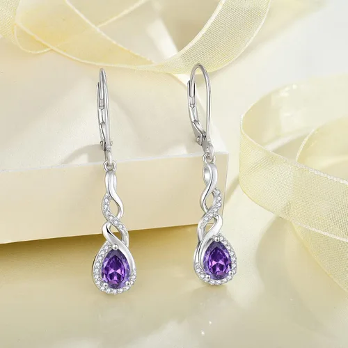 Vista 4 de Aretes colgantes de infinito para mujer, plata de ley 925, aretes de lágrima con cierre de palanca, joyería de piedra natal, regalos para mujeres