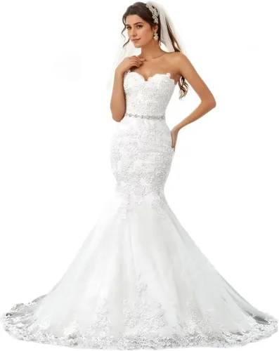 Vista 59 de Vestido de novia formal sin tirantes con encaje, largo de sirena para mujer 2019 WD162