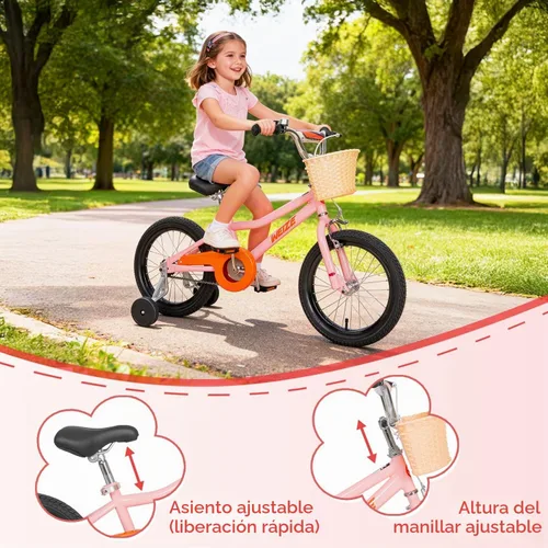 Vista 4 de WEIZE - Bicicletas para niños de 16 pulgadas con cesta para niños y niñas Rosa