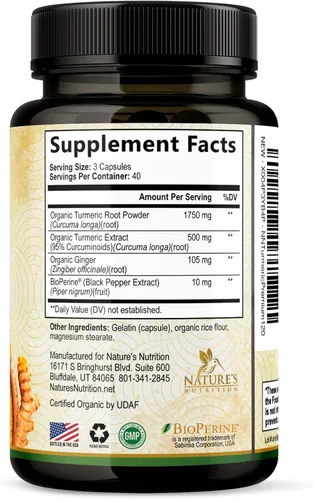 Vista 9 de Suplemento de curcumina de cúrcuma de 1750 mg con cúrcuma y jengibre orgánicos, 95% curcuminoides, pimienta negra BioPerine para una mejor