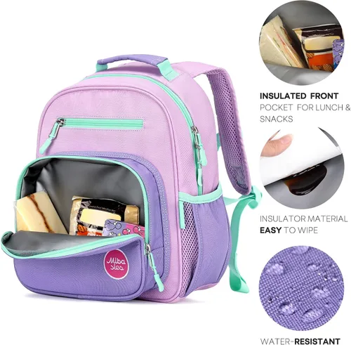 Vista 3 de mibasies Mochila para niñas y niños, ideal para niños y niñas, mochila para preescolar jardín de infantes y primaria, Púrpura claro, Niñito-12