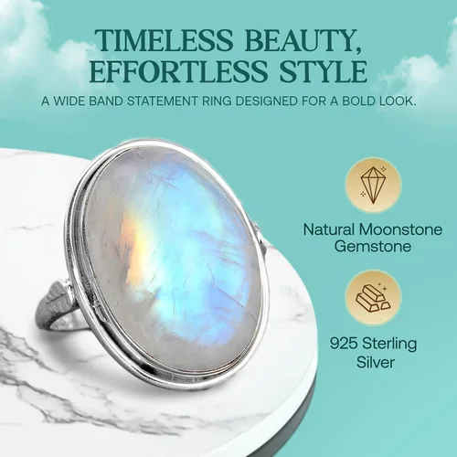 Vista 6 de Anillo de plata de ley Boho-Magic con piedra lunar para mujer Joyería boho con piedra preciosa ovalada Anillo de piedra lunar arcoíris Regalo