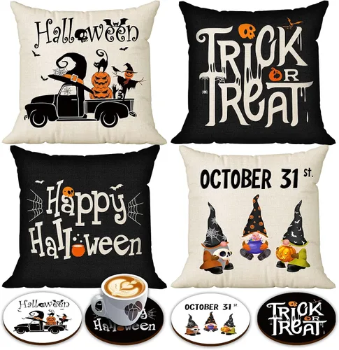 Vista 7 de Juego de 4 fundas de almohada de Halloween de 18 x 18 pulgadas, funda de almohada de lino suave con castillo de gato negro, decoración rústica