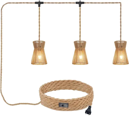 Vista 11 de Lámpara Colgante Enchufable de 15 pies con Cable, Interruptor Regulable, Lámpara Colgante de Ratán con Mimbre Tejido a Mano, Candelabro Enchufable