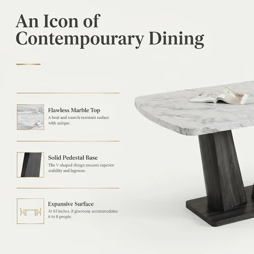 Vista 3 de Juego de mesa de comedor para 6, juego de mesa de comedor de mármol para 6, juego de 6 sillas de mesa de cocina con base de madera, juego de mesa