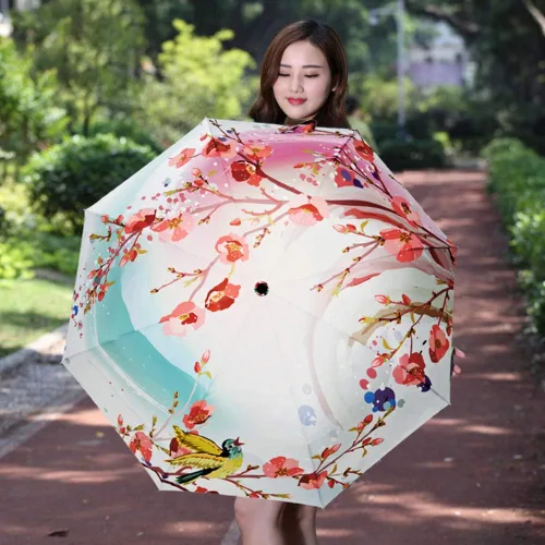 Vista 6 de Estwell Paraguas de arte compacto de viaje plegable resistente al viento protección UV sol y lluvia para mujer
