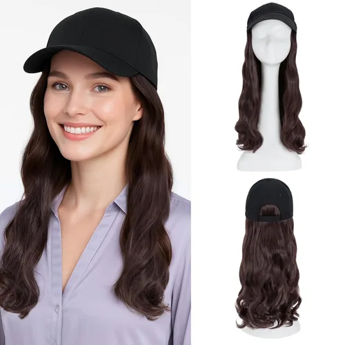 Vista 9 de SEGO - Peluca de gorra con pelo adjunto para mujer, gorra negra de béisbol con extensiones de pelo, gorra de béisbol larga y ondulada con ajuste