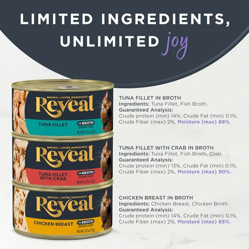 Vista 3 de Reveal Fish & Chicken - Paquete variado de comida húmeda para gatos en caldo, paquete de 12, 3 sabores, proteínas, ingredientes limitados, sin