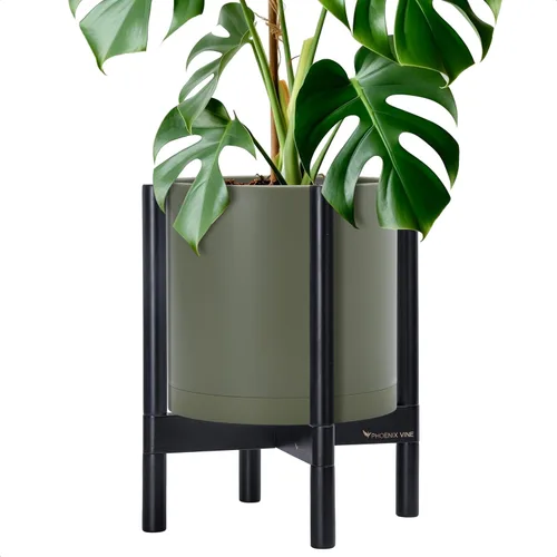 Vista 55 de Maceta de D'vine Dev con soporte - Maceta de flores de cilindro de plástico de 8.0 pulgadas con soporte de madera para interiores, maceta mate negra