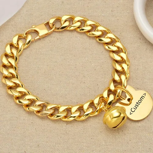 Vista 10 de Gargantilla ancha de acero inoxidable para gatos y perros, de oro de 18 quilates, ajustable, a prueba de mordidas, eslabones cubanos de 1/2 pulgada