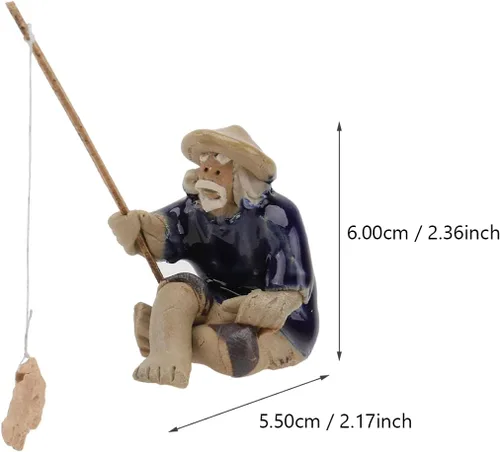 Vista 3 de DOITOOL Mini figura de pescador, figura de bonsái de pescador de cerámica en miniatura, estatua china de jardín de pesca sentada para micro paisaje