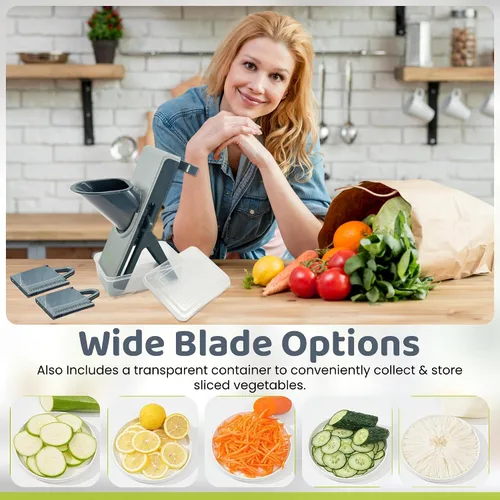 Vista 8 de Cortador de mandolina seguro para cocina, picador de verduras multifuncional 4 en 1, juliena, cortadora de papas fritas y papas con grosor