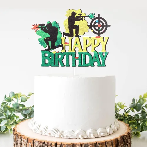 Vista 7 de Paintball - Decoración colorida para tartas de feliz cumpleaños, juego de disparos de feliz cumpleaños, suministros de fiesta de paintball para niños