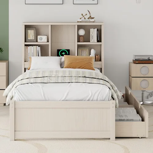 Vista 4 de SOFTSEA Twin Size Kids Bed Frame with Storage Drawers, Wood Platform Bed with Storage Headboard and Charging Station, No Box Spring Needed, Cream