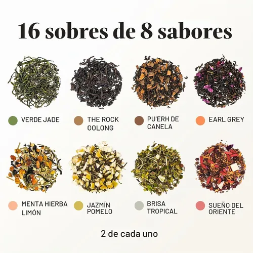 Vista 4 de CHAYEAH, Colección Premium de Té (16 Sobres de Té Pirámide, 8 Sabores Surtidos), Pack de Variedad de Muestra de Té Verde, Negro, Oolong, Pu’erh &