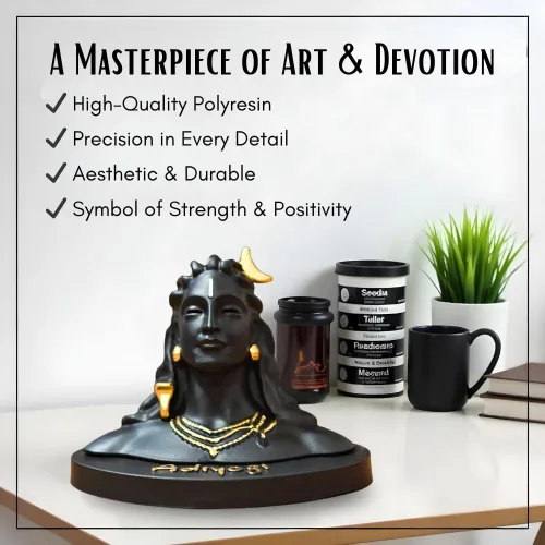 Vista 6 de HOME ARCHIVE Estatua de Lord Adiyogi con detalles dorados para tablero de instrumentos del automóvil, decoración de la oficina en el hogar, resina