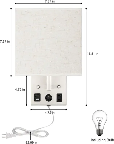 Vista 2 de Juego de dos apliques de pared negros, luces de pared de noche para dormitorio, aplique de pared enchufable con puertos USB y tomas, lámpara