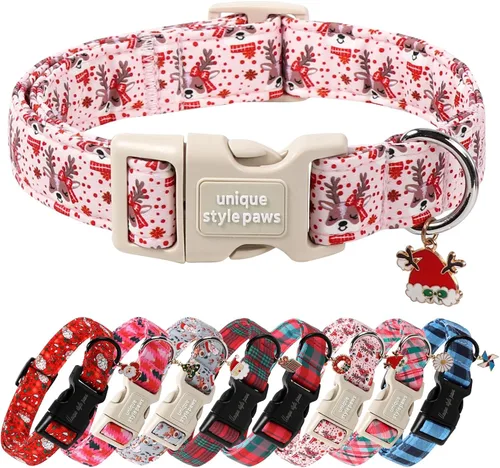Vista 19 de Collar de perro de Navidad de Unique Style Paws con hebilla de plástico y colgante, a cuadros rojo y negro, collares de algodón para cachorros