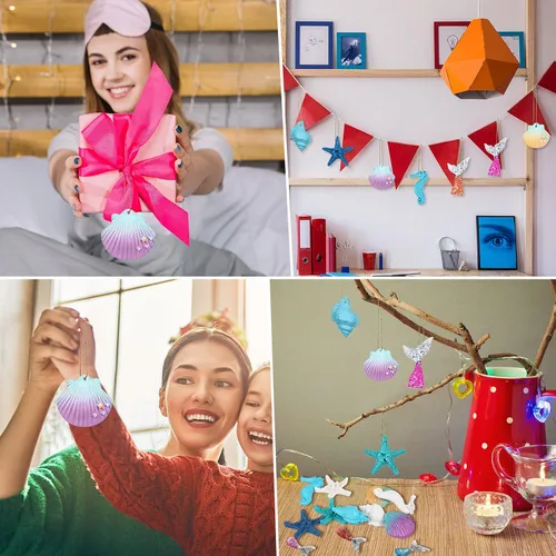 Vista 7 de Maitys 24 adornos navideños de resina con temática del océano, diseño de lápiz, estrella de mar, concha, caballito de mar, decoración artificial