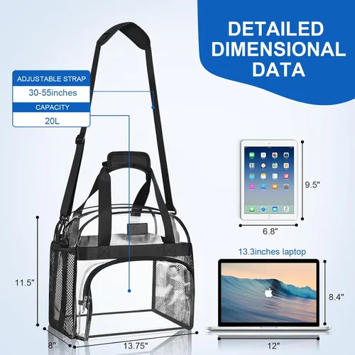 Vista 3 de Bolsa transparente para eventos en estadios: bolsa transparente con correas ajustables para conciertos de trabajo, viajes, bolsillo frontal grande